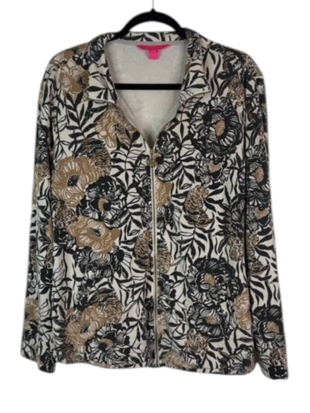 Lilly Pulitzer Floral Zip-Up Jacket Size XL Beige Black Gold Lightweight